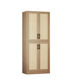 Storage Cabinet - Kitchen Pantry Cabinet, Rattan Cabinet, Tall Storage Cabinet with 4 Doors and Adjustable Shelf, Freestanding Cupboard for Kitchen, Bathroom, Laundry, Utility Room, Natural, 67" H