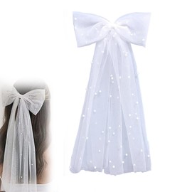QOOWFEANIG Pearl White Bow Bachelorette Veil-Elegant Large Hair Bow for Bridesmaids,Perfect Bachelorette Party Decorations & Wedding Gift for Bride