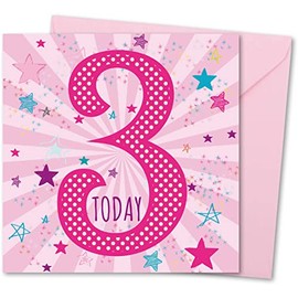 Birthday Card for Girl Age 3. Girl Birthday Card with Matching Envelope. Pink Star Burst design. Card size 148x148mm. Eco-friendly. Message inside. Printed and Packed in UK.