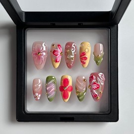 MAGLFELL 10 Pcs Handmade Press on Nails Medium Almond Fake Nails French Tip False Nails with 3D Floral Design Summer Thick Acrylic Nails Press ons Reusable False Nails for Women (S)