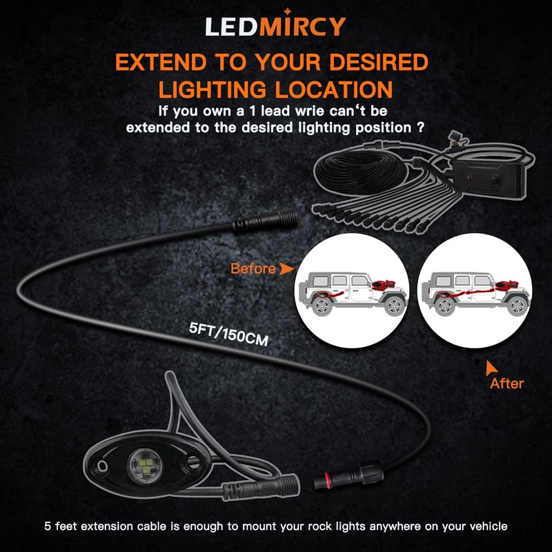 LEDMIRCY LED Rock Lights Extension Cable Wire Cord 2Pin Waterproof
