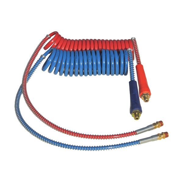 COILED AIR SET LINE ASSEMBLY RED & BLUE TRUCK TRAILER SET WITH DURA-GRIPS, 15' LENGTH: 1 X 12" & 1 X 40" LEADS