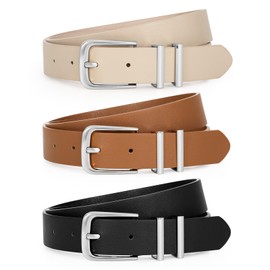WERFORU 3 Pack Women's Leather Belts for Jeans Dresses Fashion Ladies Sliver Buckle Leather Belts, Black/Brown/Beige