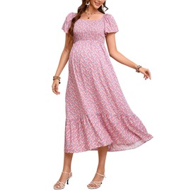KOJOOIN Maternity Dress Summer Ruffle Short Sleeve Square Neck Smocked Midi Dress Baby Shower Photoshoot Pink 2XL
