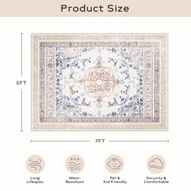 Ashler Area Rugs 5x7 Feet Vintage Boho Rugs for Living Room, Machine Washable Area Rugs with Non-Slip Backing, Indoor Rug Vintage Bohemian Area Rug Home Decor, Beige/Pink/Indigo-Blue