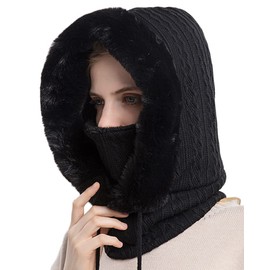 Women One Piece Slouchy Fleece Beanie Hats Scarf Mask Drawstring Warm Hooded Winter Balaclava Pullover Knitted Hat Black