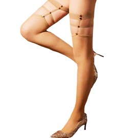 Fohevers Womens Thigh High Fishnet Stockings Stay Up with Rivet Fishnet Stockings Fishnet Thigh High Tights, Black