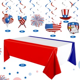 13 Pcs 4th of July Patriotic Decorations Set Red White Blue Tablecloth USA Flag Hanging Swirls Decorations for Memorial Day Independence Day Memorial Day Party Decor Supplies