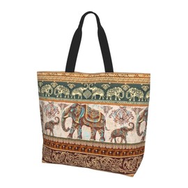Majoug lotus elephants Tote Bags for Women Reusable Grocery Bags Shopping Bag Shoulder Bag Beach Bag for Gifts Gym Travel Picnic Work Daily