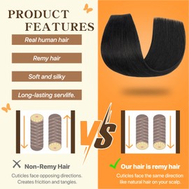 TESS Human Hair Extensions Adjustable Invisible Transparent Wire with 2 Secure Clips Natural Real Straight Hair for Women UK 65g 16 inch #01 Jet Black