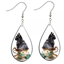 the fun things Teacup Black Cat Earrings NO TARNISHING Teardrop Dangle Black Cat Lover Gift