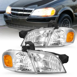 SOCKIR 4pcs Fits for 1997-2005 Chevy Venture / 97-05 Pontiac / 97-04 Oldsmobile Silhouette Halogen Headlight with Side Marker Lights Assembly Set Pair (Chrome Housing with Amber Reflector)