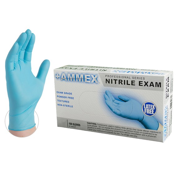 AMMEX Blue Nitrile Exam Gloves, Box of 100, 3 Mil, Size X-Large, Latex Free, Powder Free, Textured, Disposable, Non-Sterile, Food Safe, APFN48100-BX