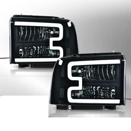 CHEDA LED DRL Headlights Assembly, Compatible with 2005 2006 2007 Ford F250 F350 F450 F550 Super Duty bumper Headlamp（Smoky lens Black Housing Clear Reflector） Faros Conjunto De Faros