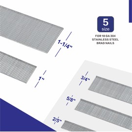 HW HAMWOO 18 Gauge 304 Stainless Steel Brad Nails,18 GA Nail Gun Nails Assorted, Suitable for Most Brand of 18 Gauge Pneumatic and Electric Brad Nailer(1-1/4",1",3/4",5/8",2/5")