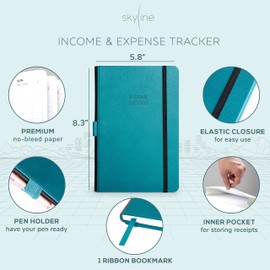 Skyline Income & Expense Tracker – Accounting Ledger Book with 1 Pocket for Receipts – Bookkeping Notebook for Business Account Records – Small Business Supplies – A5 Size, Hardcover (Dark Teal)