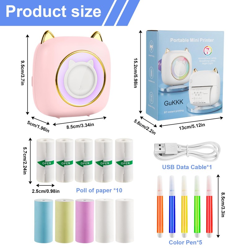 GuKKK Mini Printer, Mobile Photo Printer, Portable 7 Colours LED,