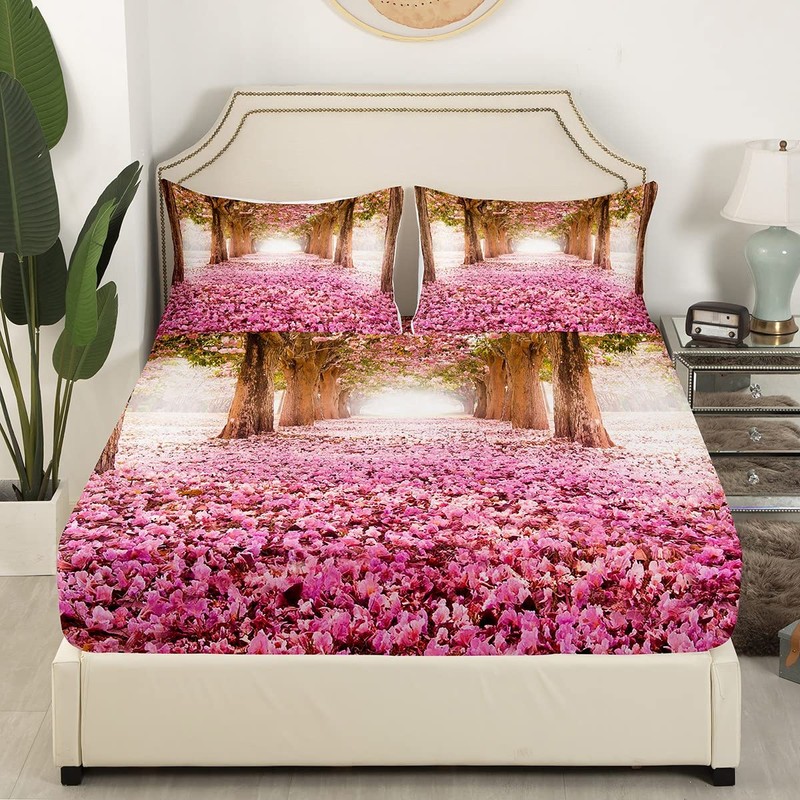 Trees Bedding Sheet Pink Floral Flowers For Kids Garden Fitted