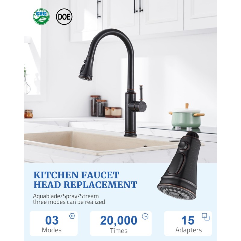 Kitchen Faucet Replacement Spray Head - with 15 Adapters, Pull