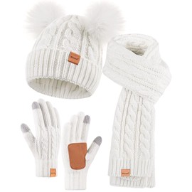 Winuesa Hat, Scarf & Glove Sets for Women, Beanie Hat Women's Winter with Bobble Fleece Lined, Touchscreen Gloves Scarf Hat Women 3 in 1 Set, White