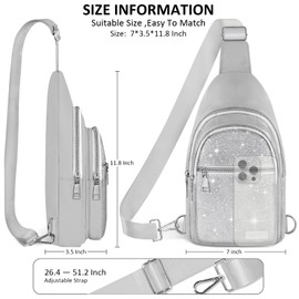 BAOGCOYO Sling Bag for Women Men, Glitter Crossbody Bags, Cute Mini Hiking Daypack, Casual Chest Shoulder Bag for Outdoors Travel (Silver Bling Sparkly)