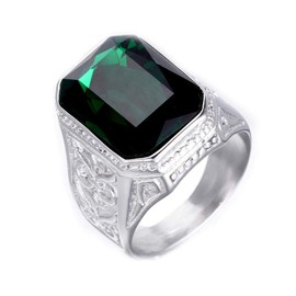 PAURO Men's Stainless Steel Vintage Square Wedding Rings with Large Stone Red/Green/Blue/White/Black, Stainless Steel