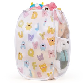 Collapsible Pop Up Hamper for Baby Clothes or Toys Storage, Mesh Hamper with Handles & Side Pocket, Multi-Use Laundry Hamper & Toy Basket, Portable for Home, Travel, Dorm(White-Vertical)