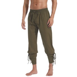 perdontoo Men's Ankle Banded Cuff Renaissance Pants Medieval Viking Navigator Trousers Pirate Cosplay Costume (36, Olive)