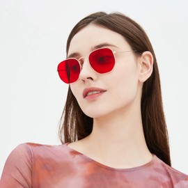 qinqilanqi-S Fashion Polygonal Sunglasses for Men and Women, Classic Super Light Metal Frame Lenses, UV Protection, Gold/blue-pink gradient