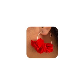 Y2k Red Flowers Fabric Hoop Earrings Fashion Sweet Cloth Floral Statement Earring for Women Formal Wedding Fancy Petal Aesthetic Blossom Hoops Jewelry (Red)