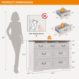 FREDEES Farmhouse 7 Drawers Dresser for Bedroom, Wood Dresser Chest of Drawers with Hidden Storage, Tall Dresser with LED Lights, Dressers Organizer for Living Room, Closet, Hallway, Rustic Brown