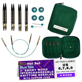 My Two Ladies | Blue Silk | Hat Set | Knitting Needle Set | 3" Ebony Wood Interchangeable Circular Knitting Needles | Circular Needles with Custom Green Case | 4 Sizes (US6, US7, US8, US9)