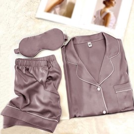 WJing Yi Jia Womens Pajama Sets XS-4XL Silk Satin Pajamas Set Floral 2Pcs Pj Sets Button Down Pjs Set Sleepwear Loungewear