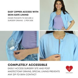 Inspired Comforts Women's Mastectomy Recovery Stick On Front Open Collared Half Sleeves Top with Drain Pockets, Light Blue, Small