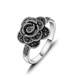 Yfnfxl Vintage Fashion Ring Silver Marcasite Flower Crystal Cocktail Statement Rings for Women, Crystal, Cubic Zirconia,