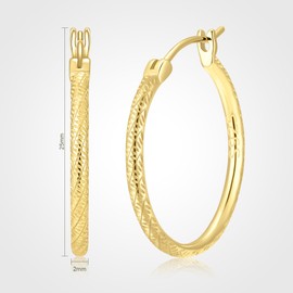 14K Gold Earrings, Gold Hoop Earrings for Women, Engraved Dainty Gold Earrings, 14K Gold Plated 925 Sterling Silver, 25mm