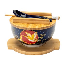 Hinomaru Collection Japanese Kamameshi Style Rice Noodle Bowl with Bamboo Lid Trivet Chopsticks and Porcelain Spoon Bowl Set (Moon Crane)