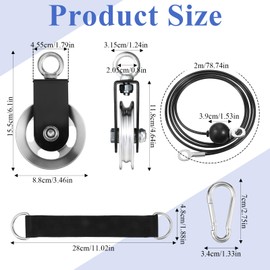 3.46in Cable Pulley Wheel with Hanging Strap and Carabiner, and Fitness Pulley Cable Steel Wire Rope, 88mm Silent Rotation 360 Degree Pulleys for Home Gym Pulleys System, Cables Machine