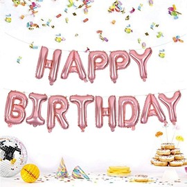 Lumjoy Rose Gold Happy Birthday Balloons Banner 16 Inch Mylar Foil Letters Sign,Reusable Balloons for Women, Men, Boys & Girls Birthday Decorations Party Supplies