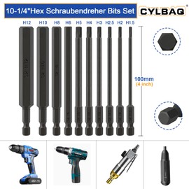 CYLBAQ 10 Pieces 100 mm Hex Screwdriver Bits Set 1.5/2/2.5/3/4/5/6/8/10/12 mm, 1/4 Inch Hex Shank S2 Impact Wrench Bit Set for Cordless Screwdrivers Magnetic Hexagon Screwdriver Bit Set