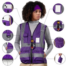 A-SAFETY Hi-Vis Safety Vest for Women LADY Reflective Purple Work Vest with 7 Pockets & Zipper - Womens Hi Viz Vest