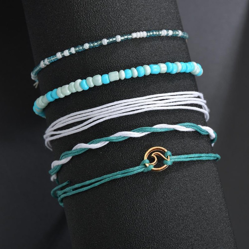 Aluinn 5sets Ocean Wave Anklet Adjustable Waterproof Summer Bohemian Anklets