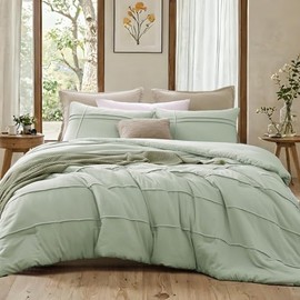 AMBERSPACE Boho King Size Comforter Set, Sage Green King Size Bed Set 3 Piece, Pinch Pleat King Bedding Set and Green Fluffy Comforter Sets for Bedroom (Sage Green,102"*90",King)