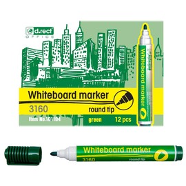 D.RECT 3160 Whiteboard Marker for Whiteboards and Flipcharts, Wipe Clean Glass Board Marker Bullet Tip Green Pack of 12