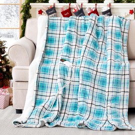 PTQ Electric Heated Blanket 50"x60",Fast Heated Throw with 8 Hours Auto Off/8 Heats Levels,Soft Blue Plaid Sherpa Electric Blanket with ETL Certification & Over-Heat Protection