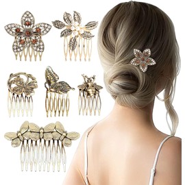 Voyzdx Paquete de 6 peines laterales de pelo vintage para mujer, decoración retro, perlas doradas, diamantes de imitación, adecuado para el diseño de peinados, accesorios de boda