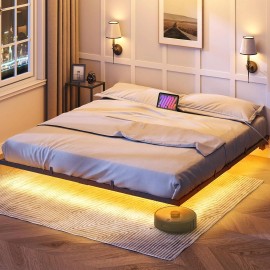 HOOBRO Floating Bed Frame King Size Bed Frame with Charging Station Platform King Bed