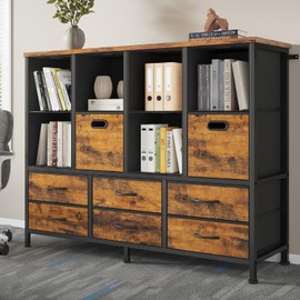 HAUOMS 8-Cube Storage Bookshelf with 6 Fabric Drawers, DIY Cube Fabric Storage Organizer, 4 Tiers Bookcase with Open Display Shelves, Modern Display Bookshelf for Home and Office, Rustic Brown