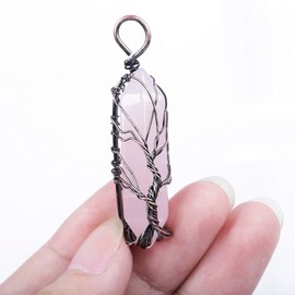 Nupuyai Natural Crystal Pendant Necklace for Women, Tree of Life Hexagonal Healing Stones Necklace for Reiki Meditation Jewellery Women, Stone Metal, Rose Quartz Crystal