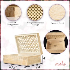 Mela Artisans Decorative Storage Box with Hinged Lid - Whitewash, XL | 10.5” x 7.5” x 4” | Rustic Trellis Design | Mango Wood Crafted | Ideal for Keepsakes, Trinkets, Jewelry and Other Stash